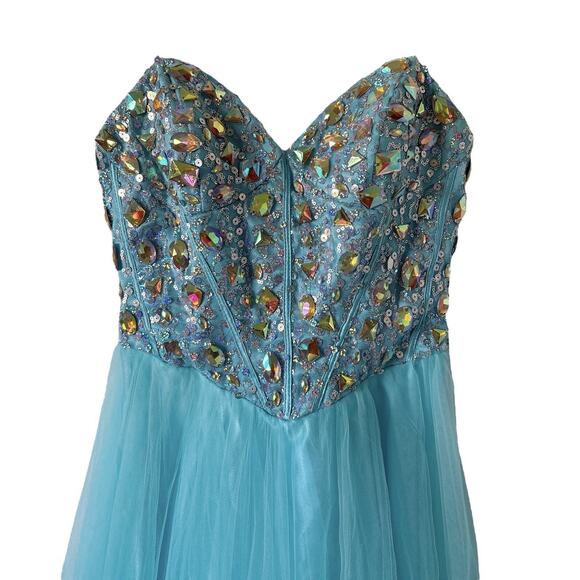 MASQUERADE Womens Size 1/2 Strapless Rhinestone Corset Tulle Prom Maxi Dress - Picture 3 of 7